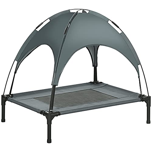 PawHut Erhöhtes Hundebett mit Baldachin, Haustierbett, Hundeliege Outdoor mit Dach, Atmungsaktiv, Taftstoff für Camping Grau 76 x 61 x 73 cm