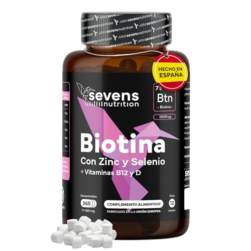 Biotina para el Cabello 10.000 mcg + Zinc + Selenio + B12 | 365 Comprimidos (1 año) | Crecimiento pelo mujer | Vitaminas para el cabello piel y uñas - Sevens