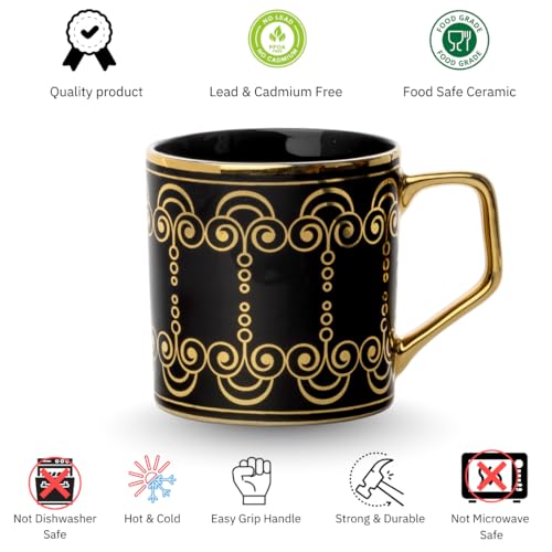 Image of Clay Craft Premium Ceramic Tea & Coffee Cups Set of 6 - Black & Gold Printed Designer Mugs with Golden Handle | Elegant Luxury Pattern | Ideal for Home, Office & Gifting
