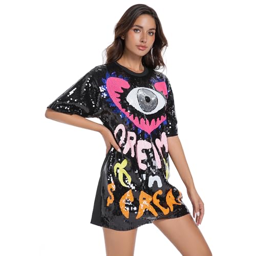 Sequins T-Shirts Glitter Half Sleeve Dress O Neck Printed Mini Dress Loose Casual Sexy Nightclub Party Tops for Women Black — view 2