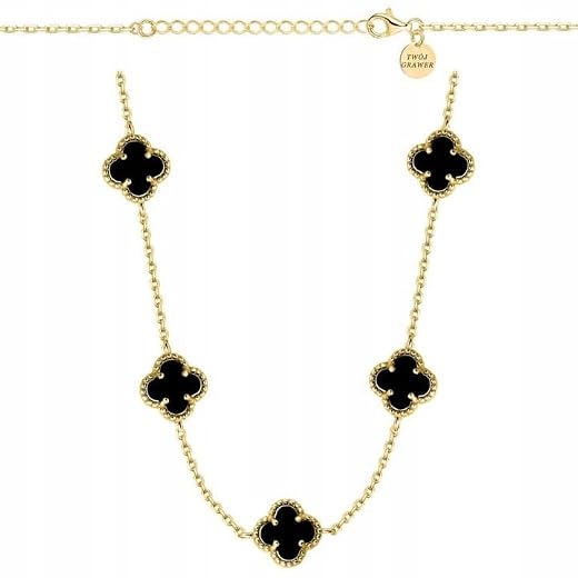 ZELYA Damen Halskette vergoldet Silber 925/585 – feine Ankerkette 44–49 cm mit schwarzen Kleeblatt Anhängern, Glücks Schmuck, Goldoptik Geschenk Gravur gold kette
