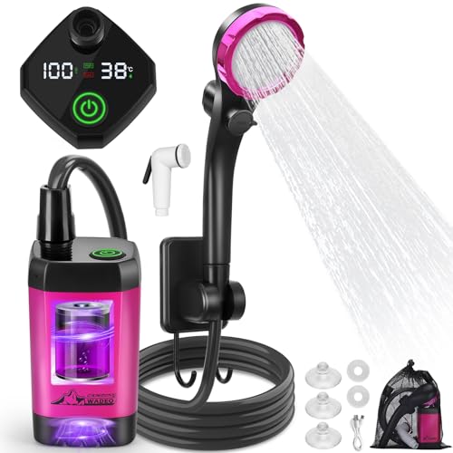 WADEO Tragbare Campingdusche Akku mit Pumpe, Camping Dusche mit wiederaufladbarem 6000-mAh-Akku und doppelter Digitalanzeige, Mobile Duschen mit Duschkopf, für Camping Reisen Garten (Lila, Typ C)