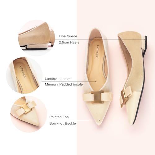 C.Paravano Women's Pointed Toe Ballet Flats with Bow Slip-On Dressy Flats for Women Comfortable Elegant Casual Shoes for Work Part Daily Wear(Beige,Velvet,Size 6.5)3