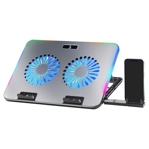 TAG Gamerz Silverbolt Laptop Cooling Pad – Aluminium Metal Build, Dual Silent Blue LED Turbo Fans, 10 RGB Modes, Detachable Mobile Holder, 7 Level Height Adjustment, Dual USB Hub, Anti Slip Baffle