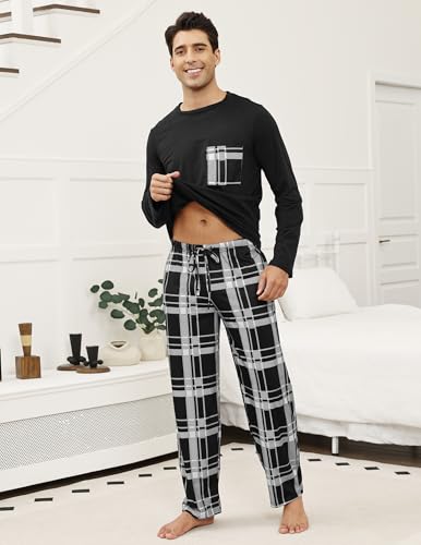 Men's Pajama Set Cotton Mens Pjs Sets Long Sleeve T-Shirt and Plaid Pants Sleepwear Lightweight Soft Loungewear2
