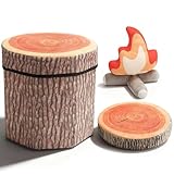 Yousoontic 3 Pcs Pretend Campfire Set with 1 Fake Campfire Plush and 1 Wood Pillow and 1 Tree Stump Storage Stool Ottoman Flexible Seating for Home Couch Bedroom Outdoor Picnic Party Decorations