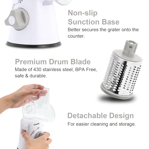 Image of Geedel Rotary Cheese Grater, Kitchen Mandoline Vegetable Slicer with 3 Interchangeable Blades, Easy to Clean Rotary Grater Slicer for Cheese, Vegetables, Nuts