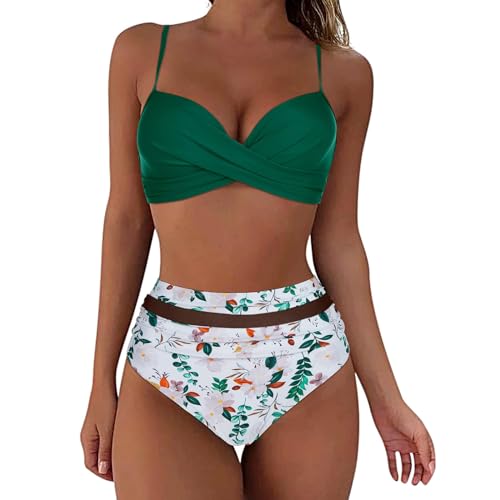 Bikinis Mujer Tanga Conjuntos De Bikinis para Mujer Push-Up Cuello En V Bañador Cintura Media Correas Laterales del Bikini Set Bikini De La Playa(Mint Green, L)