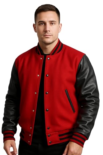 UGFashions Men's College Varsity Baseball Wool Faux Leather Sleeves Bomber Letterman Coat, Red Bodice Black Sleeves, Large