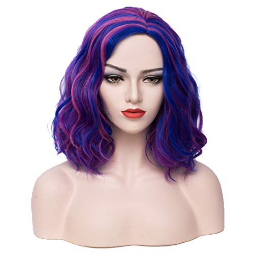 PATTNIUM 14 Inch Shoulder Length Wig Short Wavy Wig Multicolor Wig for Women and Girls Cosplay Costume Wig (Highlight Pink Mix Blue)