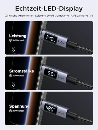UGREEN 240W USB-C Kabel mit Digital Display PD3.1 Schnellladekabel – Ansicht 3