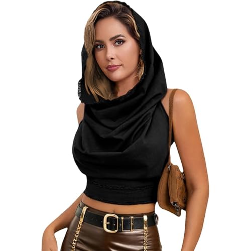 Womens Sexy Rave Tops with Hoodie Backless Halter Tank Top Black Y2K Vest 100% Cotton Club Party Concert Festival Streetwear Boho Dune Desert Style Swimsuit Cover Up