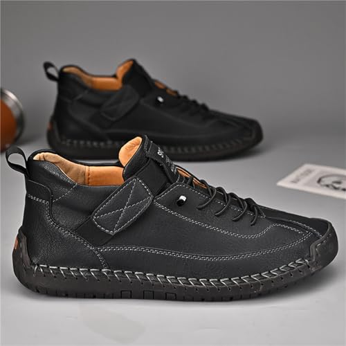 Image of Men'S Hand Stitching Leather Chukka Ankle Boots with Adjustable Elastic Band Casual Slip-On Non-Slip Walking Loafers Retro High Top Flat Shoes