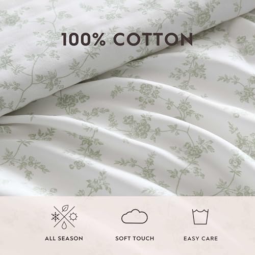 Image of Laura Ashley - Queen Size Sheet Set, Soft Cotton Sateen Bedding with Matching Pillowcases, Fully Elastic Fitted Sheet, Deep Pocket, Floral Room Decor, Silky Smooth All-Season Comfort (Fiona Green)