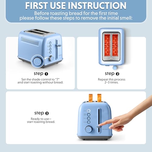 Image of BUYDEEM DT620 2-Slice Toaster, Extra Wide Slots, Retro Stainless Steel with High Lift Lever, Bagel and Muffin Function, Removal Crumb Tray, 7-Shade Settings,Blue