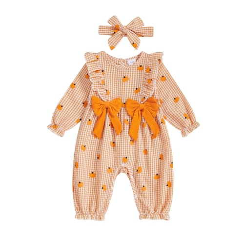 Baby Girl Halloween Clothes Smocked Bubble Romper Pumpkin Embiordery Long Sleeve Striped Plaid Jumpsuit Fall Outfit