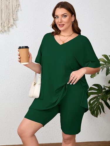 Image of AusLook Women's Plus Size 2 Piece Short Outfits Set Short Sleeve Tops and Shorts Pants Lounge Jogging outfits Matching Set