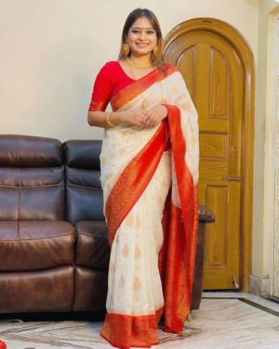 Image of Flosive Women's Kanjivaram Silk Saree With Beautiful Blouse With Zari Border