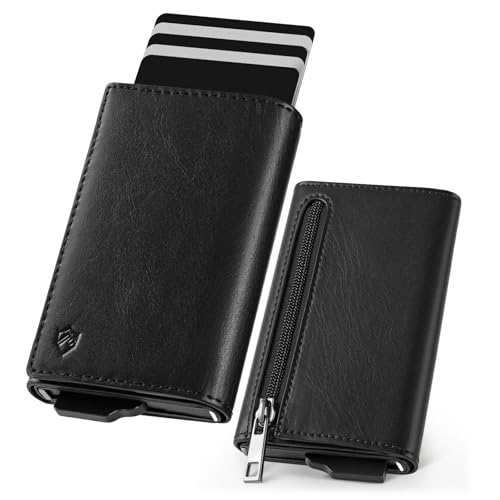 YESIIW Mens Slim Wallets Genuine Leather RFID Blocking Card Wallet for 9 Cards, Minimalist Wallets for Men UK with Coin Pocket & ID Window, Black