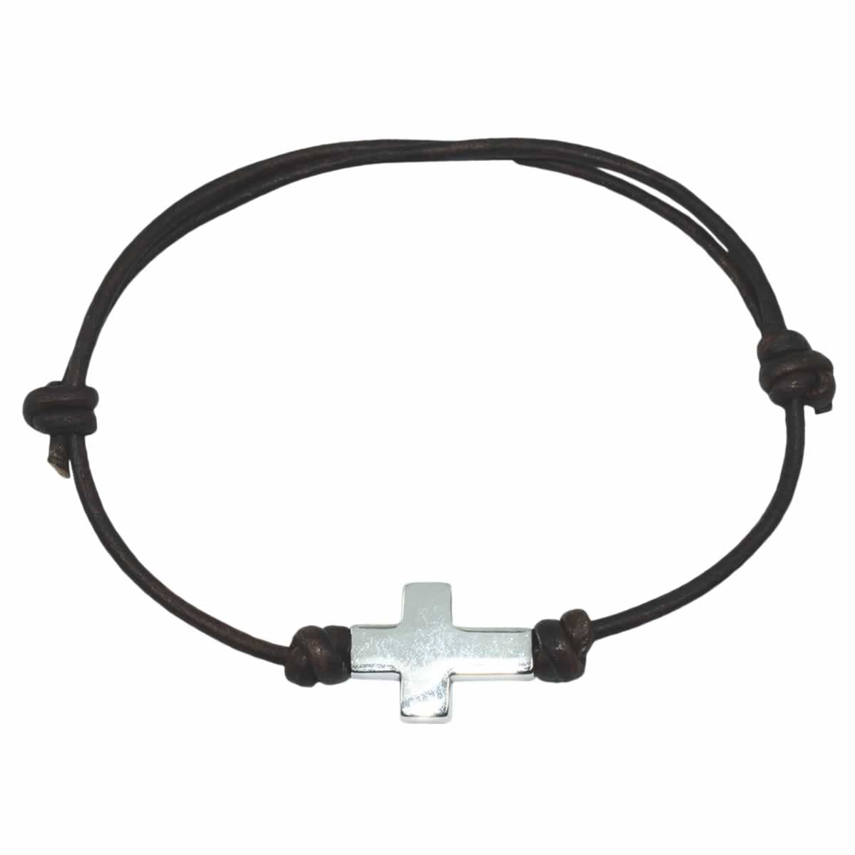 MomenttosPulsera cruz comunión cuero y plata. Regalo especial para niño.