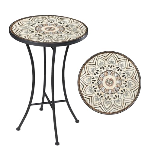 Vipush Mosaic Outdoor Side Table, 14" Round Folding Plant Stand