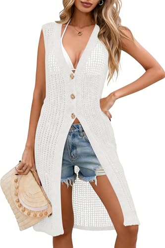 Cakulo Womens Crochet Sleeveless Summer Cardigan Long Duster Cadigans Sweater Vest 2026 Beach Cover Ups White XL