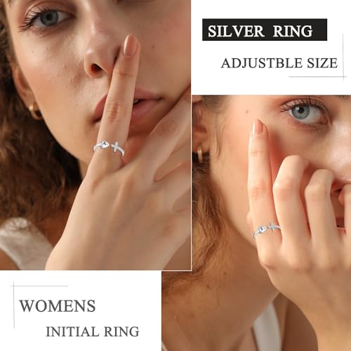 Rlmoon Silver Heart Initial Ring For Women Teen Girls Silver Cz Cross Ring Non Tarnish Dainty Letter A Ring Adjustable Personalized Silver Jewelry Gift thumb #3
