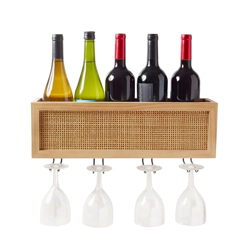 Autumn Alley Wall Mounted Wine Rack - Wine Glass Holder with Natural Rattan Caning - Boho Wine Bottle Holder Hanging for Home, Kitchen, Dining Room,Bar, Wood and Rattan Wall Decor