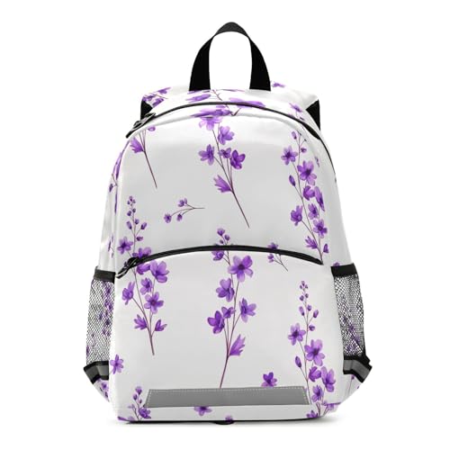Purple Flowers Leaves Small Toddler Boy Backpack with Leash Kids School Backpacks Travel Book Bag