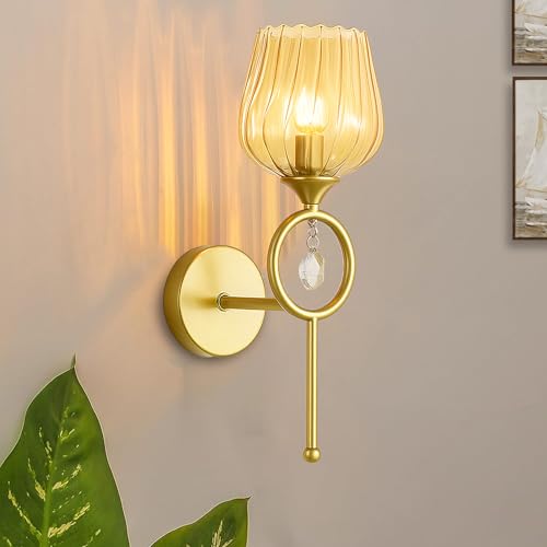 Image of WHITERAY Modern Gold Wall Lamp with Elegant Glass Shade and Crystal Accent, Decorative Wall Sconce for Bedroom, Living Room, Hallway, Dining Room, Hotels and Stylish Home Interior Light (with Bulb)