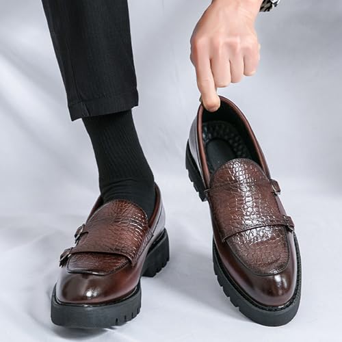 NELSBREXMen's Leather Printed Platform Lug Sole Penny Loafers with Double Monk Buckles Vintage Comfortable Slip-On Non-Slip Business Work Formal Shoes Party Wedding Dress Loafers4