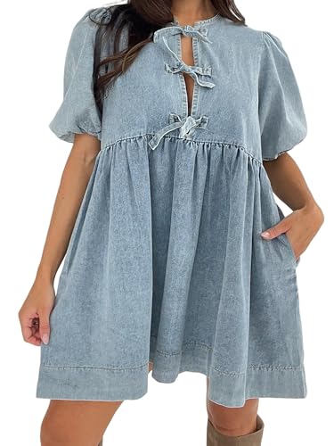 Image of Women Tie Front Denim Dress Round Neck Puff Sleeve A-line Mini Jean Dress with Pockets