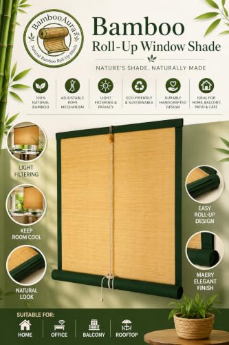Image of BambooAura Natural Bamboo Roll-Up Window Shade Blind | Light Filtering Bamboo Chick Curtain | Eco-Friendly Sun Protection (4ft x 7ft - W x H) (Natural Beige with Dark Green Border, (5ft x9ft -W x H))