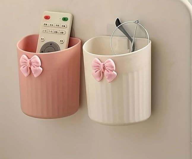 2-Piece Wall-Mounted Toothbrush Holder, Plastic Bathroom Organiser with Bow Design, Self-Adhesive Installation, White and Pink-image-11