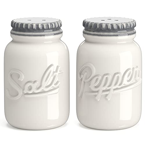 Barnyard Designs Farmhouse Salt and Pepper Shakers Set, Ceramic Salt and Pepper Shakers Unique, Vintage Salt and Pepper Shakers, Cute Salt Shakers for Kitchen, Salt and Pepper Set, White/Grey