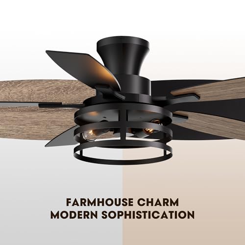 Image of 42 Inch Flush Mount Ceiling Fans with Lights and Remote Control, Farmhouse Ceiling Fan with LED Lighting for Bedroom Living Room and Patio, Black Caged Ceiling Fan for Indoor and Outdoor(NO Bulbs)