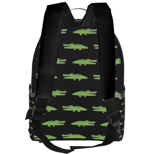 Water Resistant Bookbag, Versatile Travel Backpack Cartoon Green Alligator Black Daypack3
