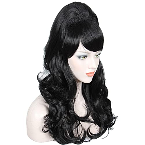 Image of Linfairy Long Wavy Black Wig Big Bouffant Beehive Wigs for Women fits 50s 80s Costume
