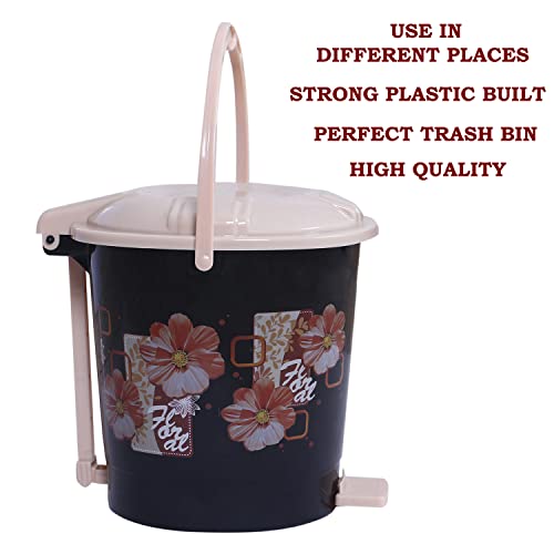 Image of Kuber Industries Durable Floral Print Plastic Pedal Dustbin|Waste Bin|Trash Can For Kitchen & Home With Handle,7 Litre (Black)