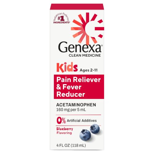 Image of Genexa Children's Acetaminophen Made Clean, Fever Reducer for Kids, 4 fl oz | Pediatrician Preferred Ingredients, Dye Free, 0% Artificial Additives, Pain & Fever Reducer, 160mg/5mL, Ages 2-11, Blueberry