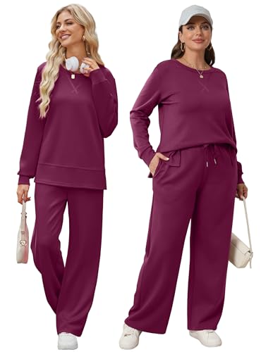 Image of OFEEFAN Women's 2 Piece Lounge Set Travel Airport Outfits Side Slit Tracksuit Wide Leg Loungewear Baggy Comfy Sweatsuit S-3XL