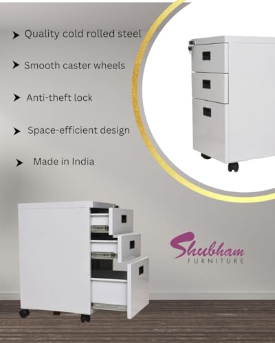 Image of Shubham Furnitures 3 Drawer Steel Pedestal Cabinet | Lockable Powder Coated Filing Cabinet for Files, Documents & Stationery | Office Storage Unit (Light Grey, Pedestal with Wheels)