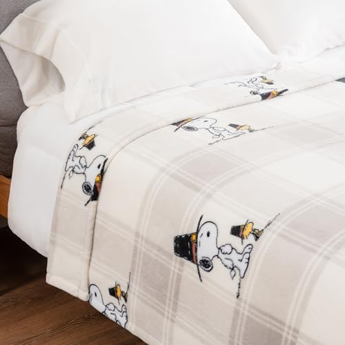 Image of Berkshire Blanket Peanuts VelvetLoft Cute Character Snoopy Plush Blanket,Lakeside Plaid Harvest Snoopy and Woodstock Grey,Twin 60 in x 90 in (Official Peanuts Product)