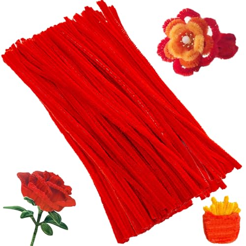 XIAOJING0 100 Stück Pfeifenreiniger Chenilledraht 30CM Biegeplüsch Kunst Pfeifenputzer Bunt Bastelset Bendable DIY Twist Stick Biegeplüsch Bunt zum Basteln für Zum Basteln und Dekorieren(Großes Rot)