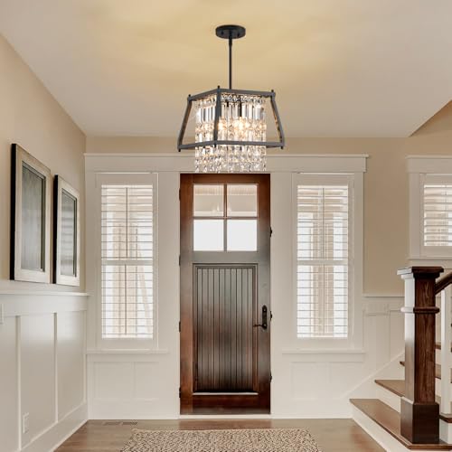 Image of LMQNINE Farmhouse Chandelier - Black Metal Crystal Pendant Light for Kitchen, Dining Room, Living Room - Flat & Inclined Ceiling (Trapezoid -11.81in)