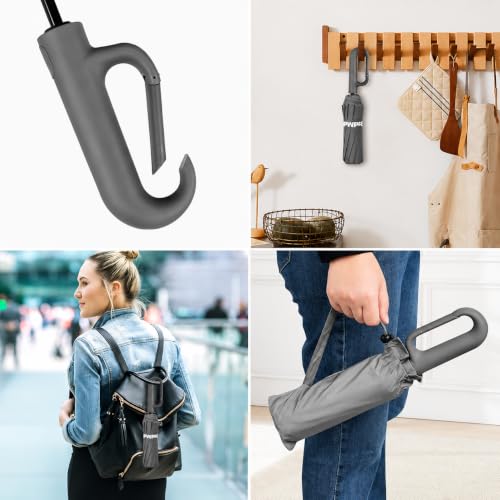 Image of FLYNGO Umbrella for Rain Big Size with Carabiner Handle, UV Coated 3-Fold Travel Umbrella for Sun Protection, Windproof Reinforced 10 Dual Ribs, Automatic Open /Close
