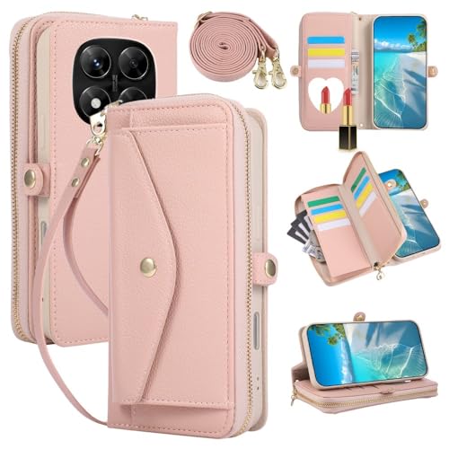 Étui Xiaomi 14T 5G rose avec fermeture éclair et bandoulière