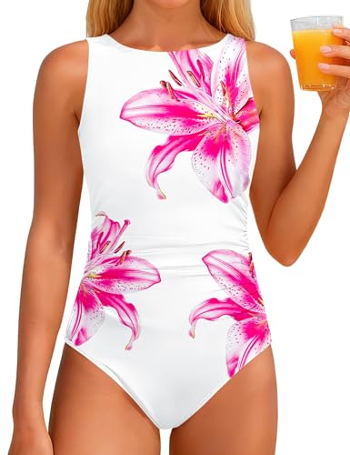 Image of CRISONE Girls Swimsuit High Neck Girls Bathing Suit Cross Back Ruched Gradien One Piece Girl Swimwear 9-16Y
