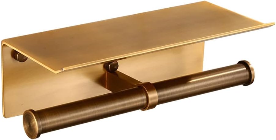 Estrend Dual Roll Toilet Paper Holder with Shelf Antique Brass Finish Double Head Tissue Holder for Bathroom, Wall Mounted