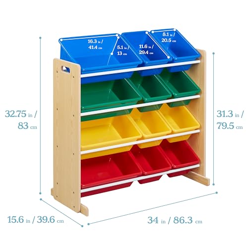 ECR4Kids 4-Tier Organizer with 12 Bins, Toy Storage, Natural/Primary